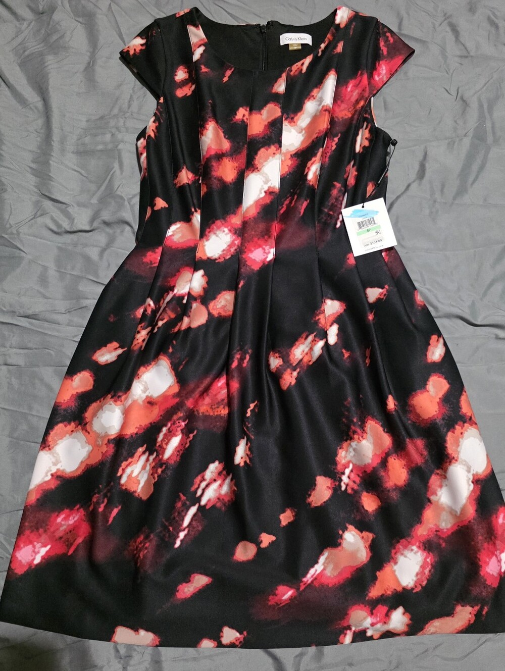 Calvin Klein Black Midi Dress with Red and White Abstract Print- Size 8 Petite